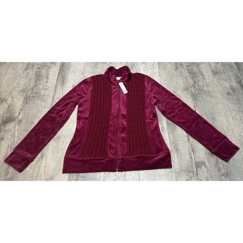 Kim Rogers Velour Jacket Womens Small Maroon Sweater Front Retro Gym Active NEW‎